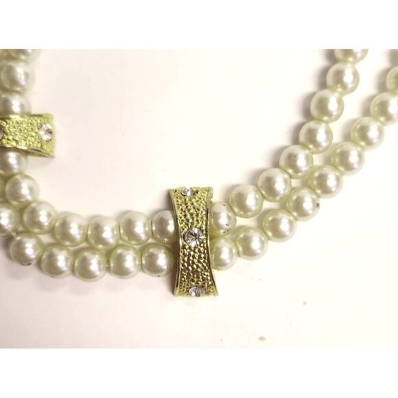 Double Strand Faux Pearl Bracelet With Gold Tone Accent Bars/Rhinestone - Picture 2 of 2